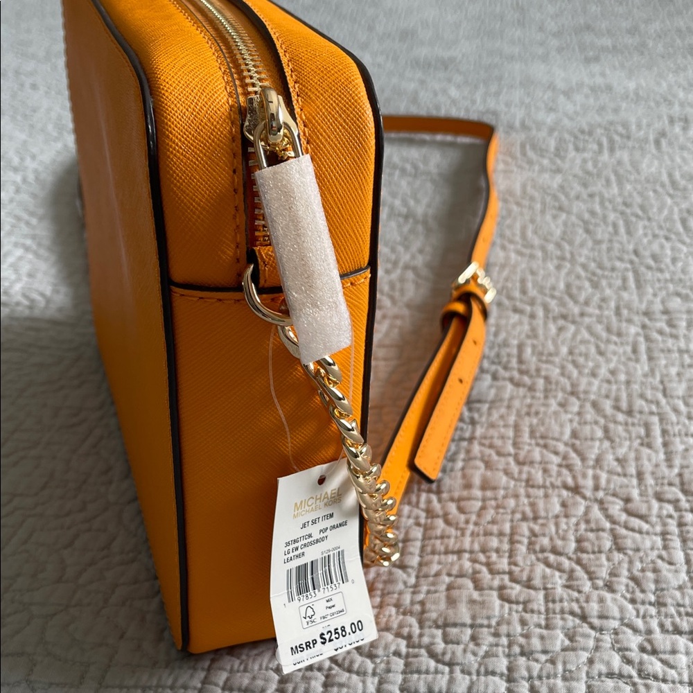 Michael Kors Structured Leather  Bag Crossbody Pop Orange Gold Chain Lg Jet Set - Picture 6 of 13